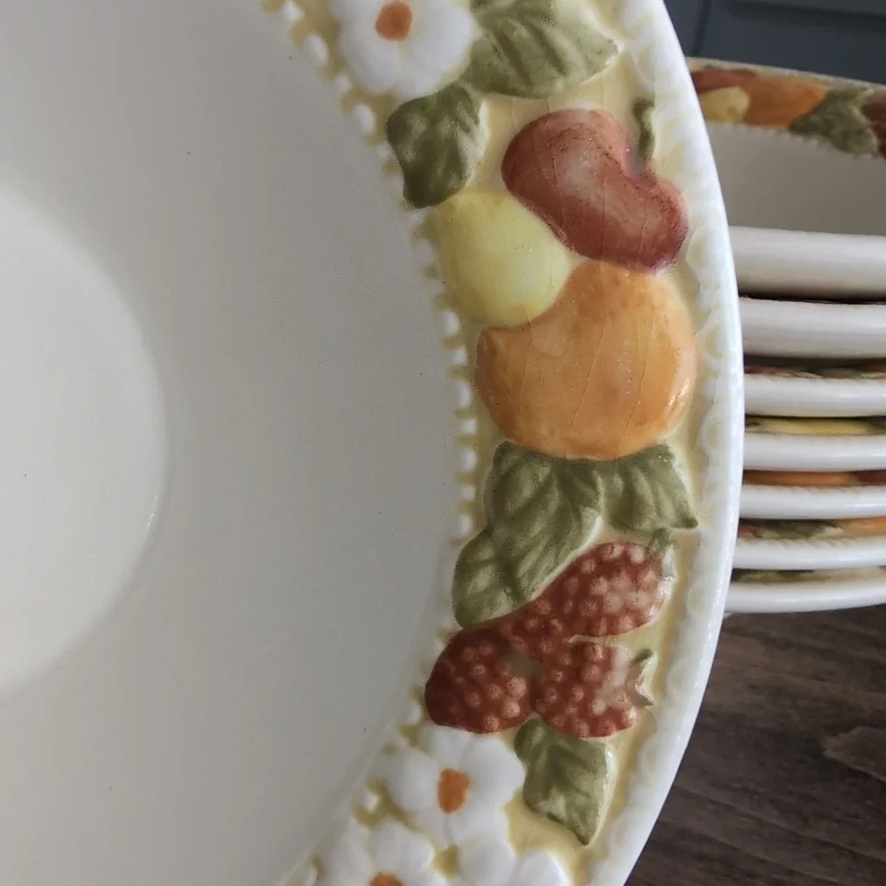 4 Vtg Metlox Vernon Ware Della Robbia 70s Fall Fruit Cereal Soup Bowls Set USA